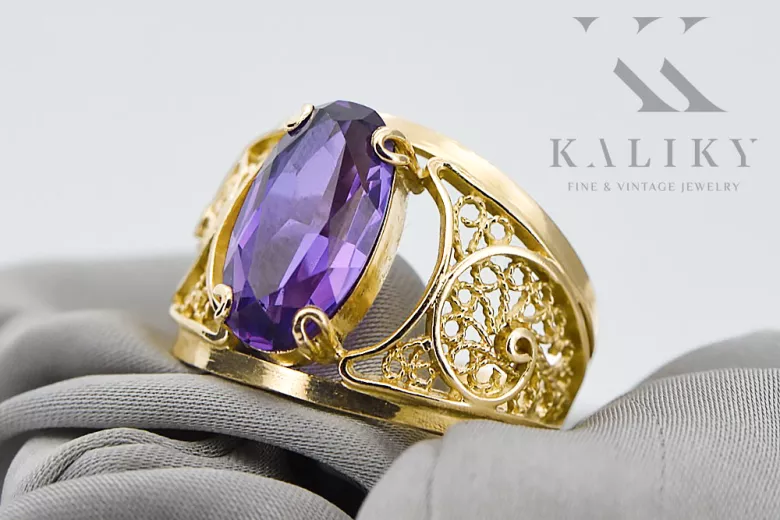 الكساندريت 14 كارت من الذهب الأصفر خاتم حرف يدوية فينتاج vrc057y